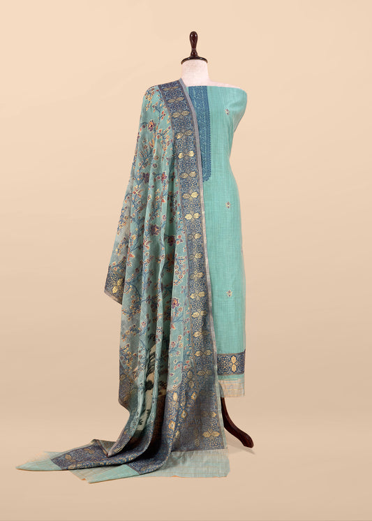 Turquoise Linen Chanderi Suit With Floral Jamdani Weaving