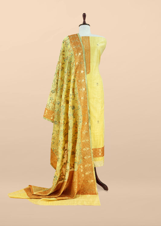 Yellow Linen Chanderi Suit With Floral Jamdani Weaving