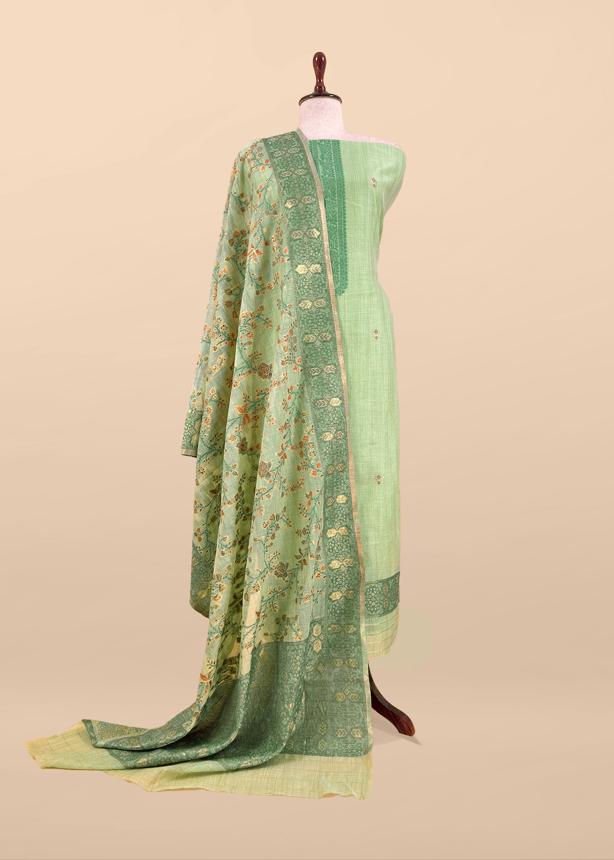 Green Linen Chanderi Suit With Floral Jamdani Weaving