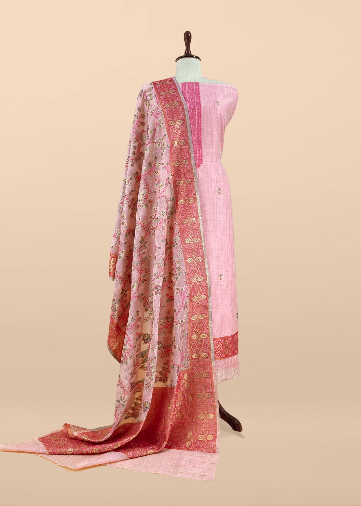 Pink Linen Chanderi Suit With Floral Jamdani Weaving
