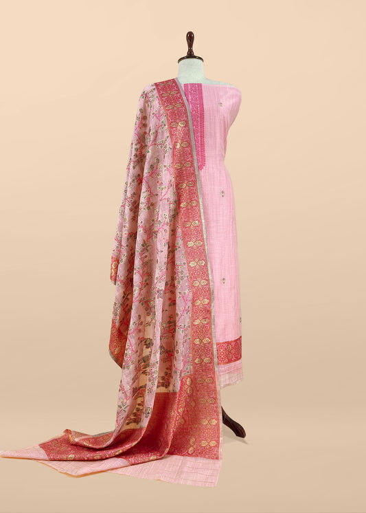 Pink Linen Chanderi Suit With Floral Jamdani Weaving