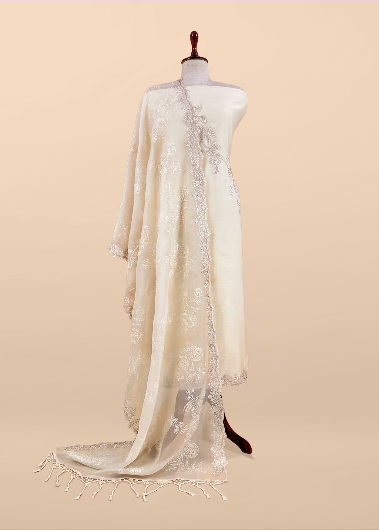 Off White Pure Mulmul Suit With Organza Dupatta
