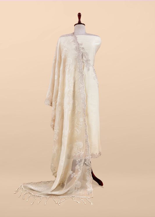 Off White Pure Mulmul Suit With Organza Dupatta