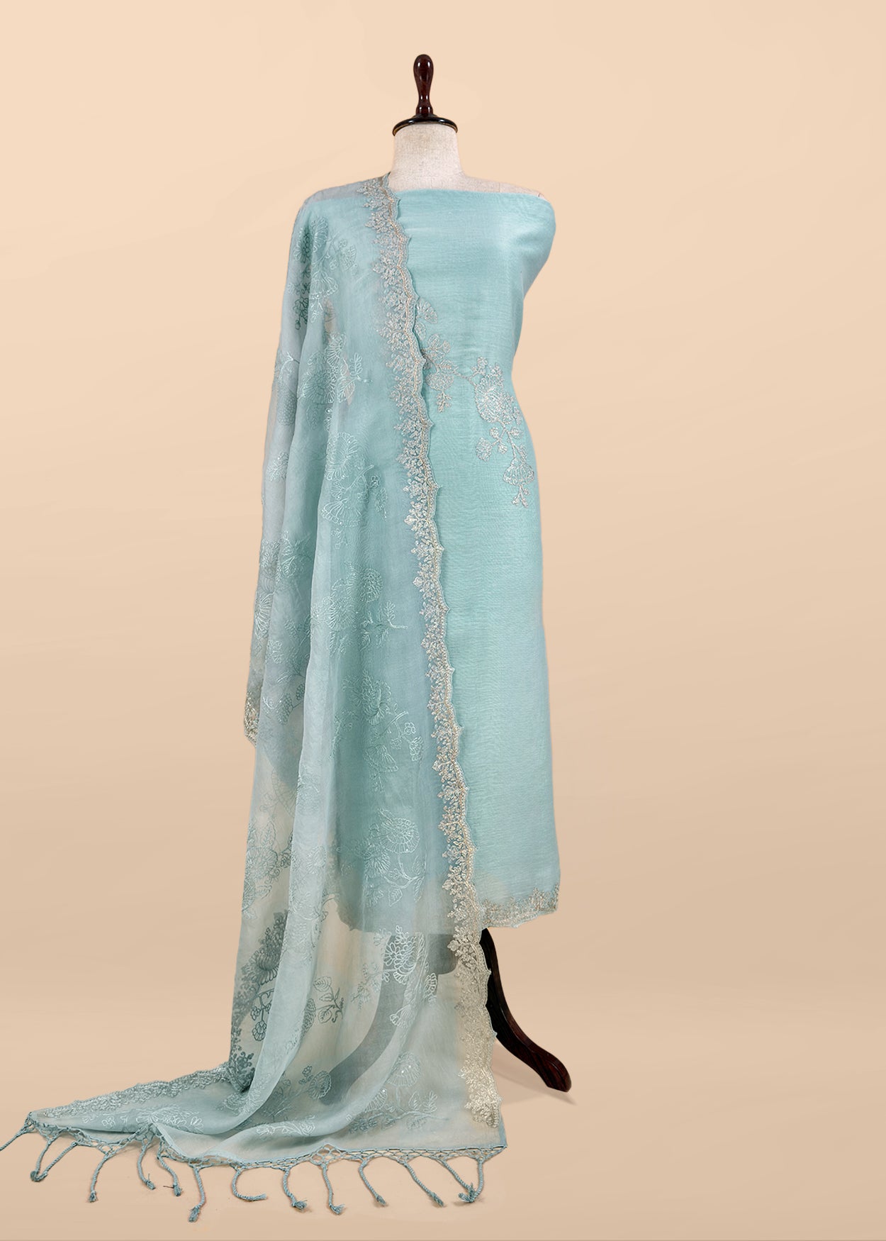 Sky Blue Pure Mulmul Suit With Organza Dupatta