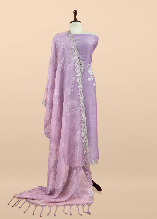 Lavender Pure Mulmul Suit With Organza Dupatta
