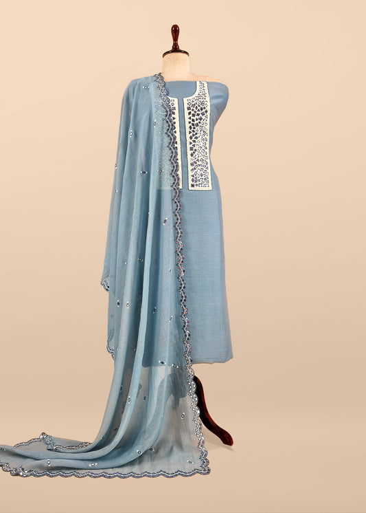 Ice Blue Handloom Mul Unstitched Suit Fabric With Pearls And Mirror Handwork