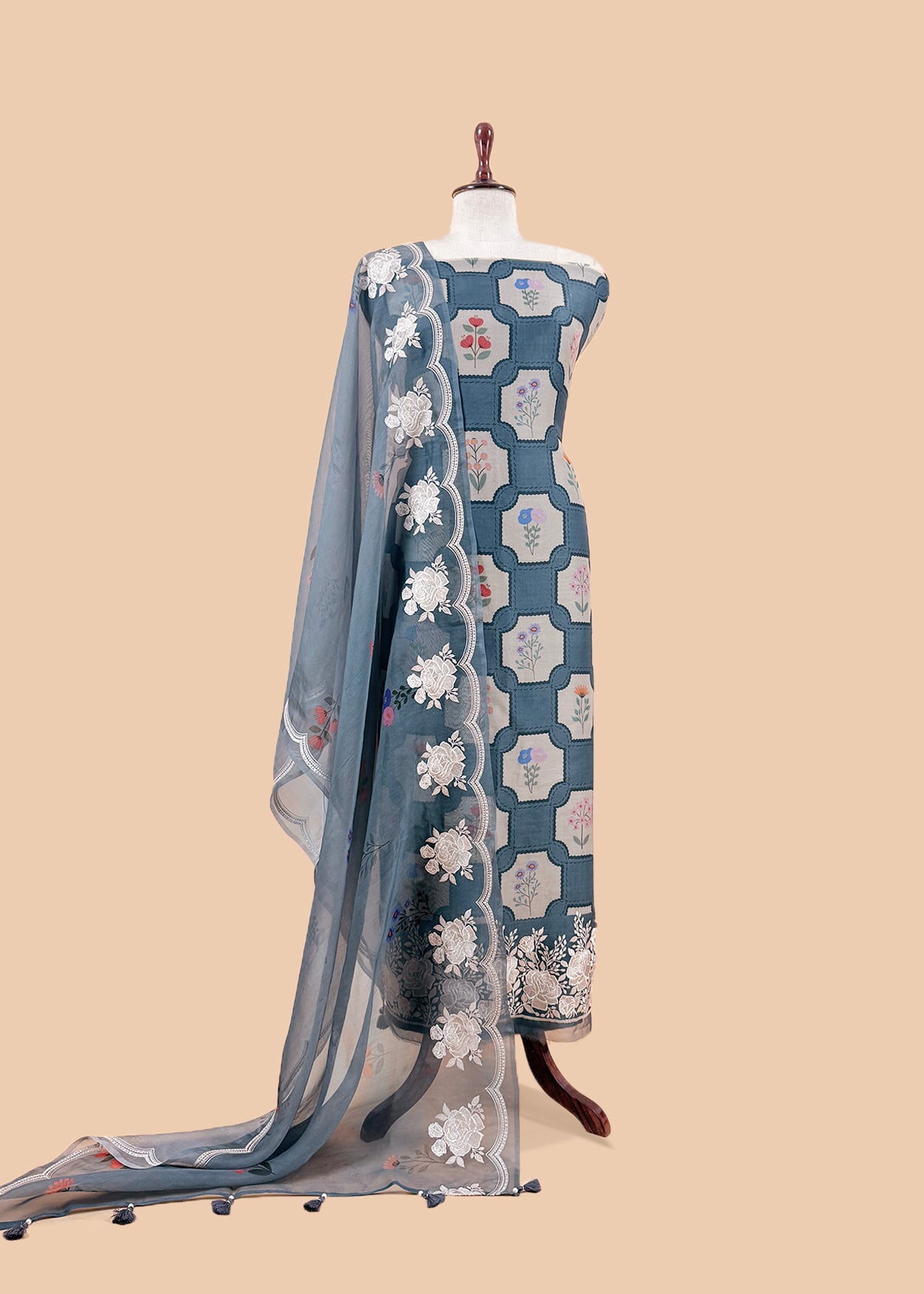 Steel Blue Handloom Kora Silk Suit With Parsi Embroidery