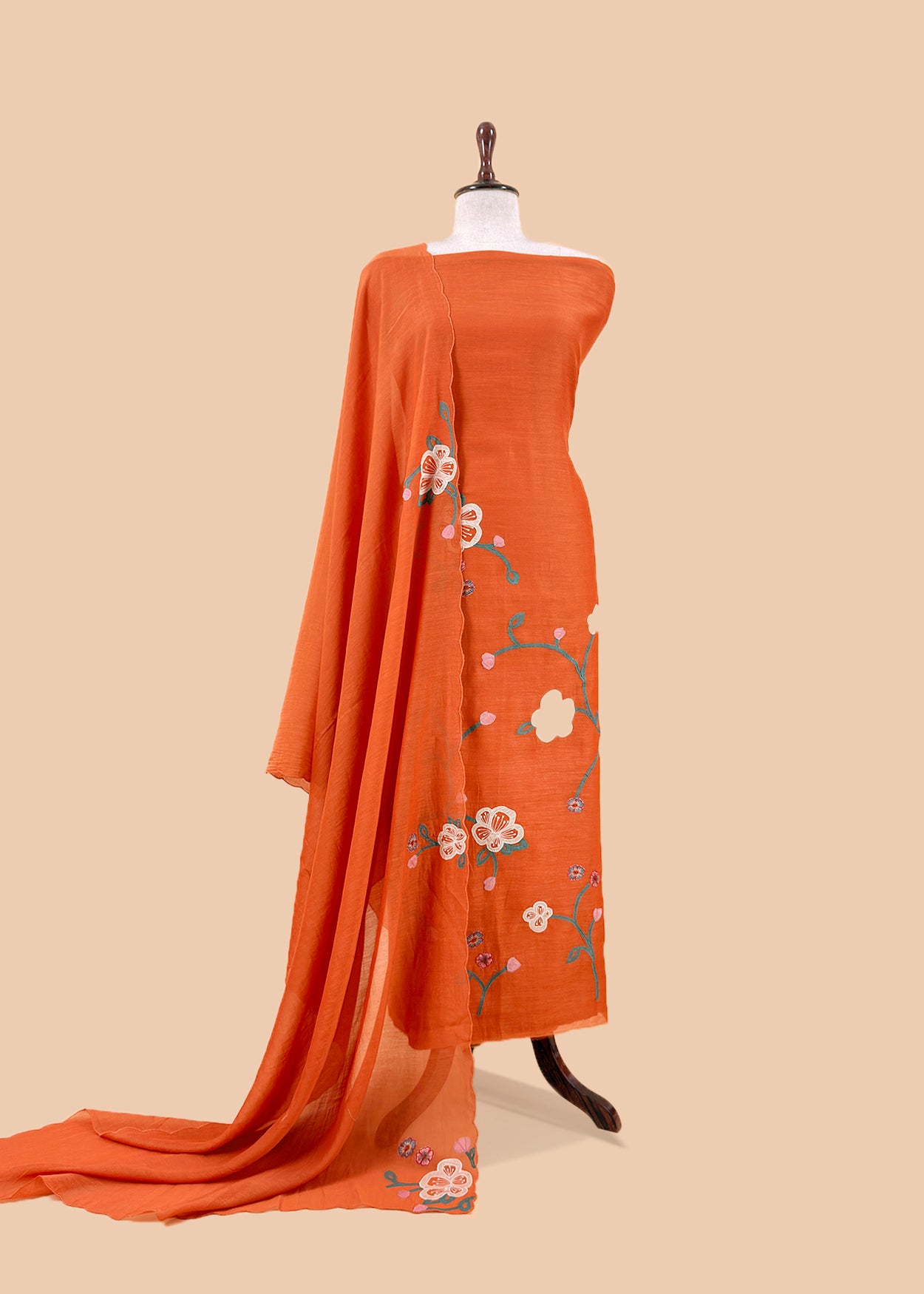 Orange Pure Mulmul Suit Fabric With Appliqué Work