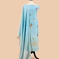 Light Blue Handloom Mul Unstitched Suit Fabric With Parsi Hand Embroidery And Jamdani Weaving