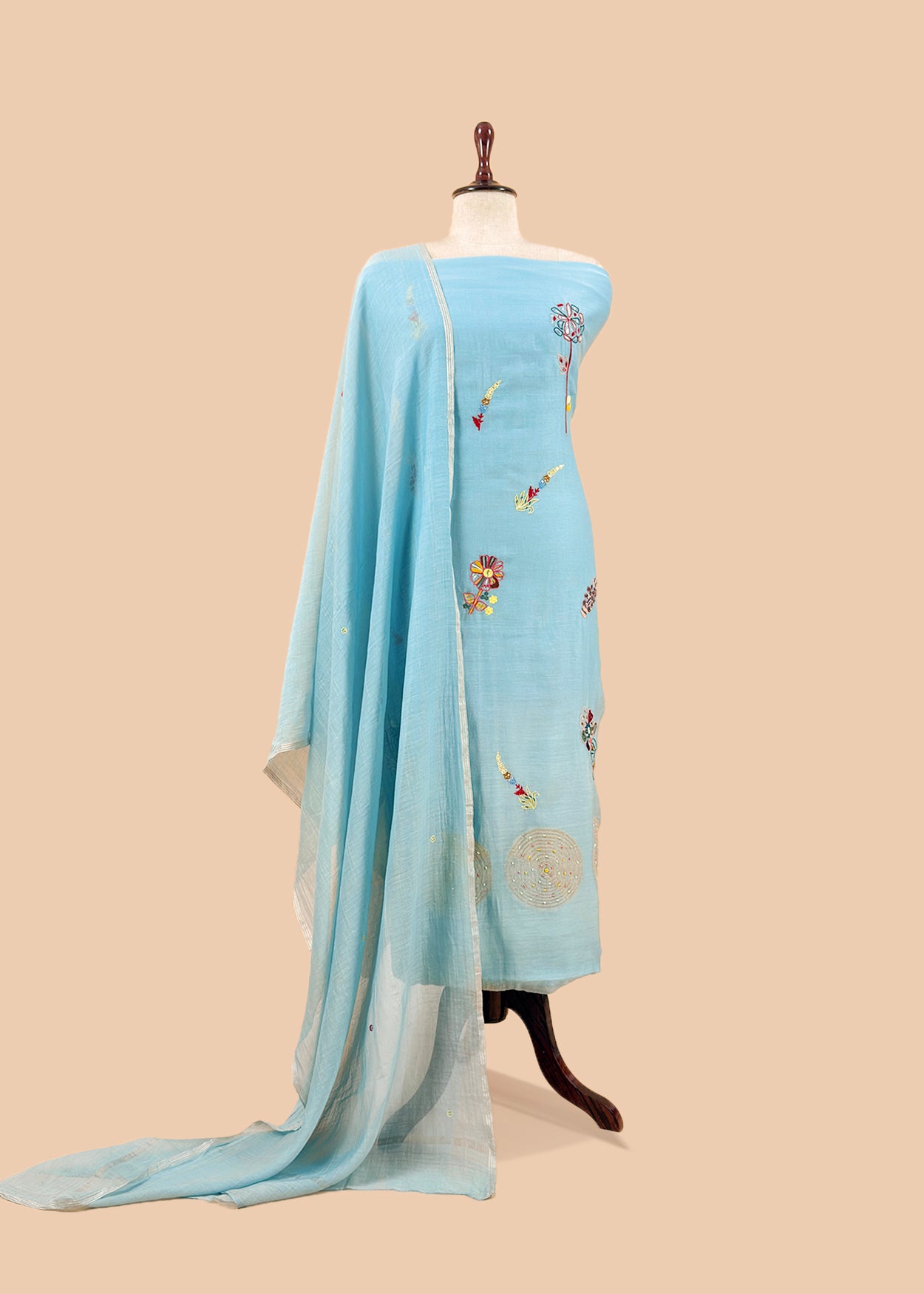 Light Blue Handloom Mul Unstitched Suit Fabric With Parsi Hand Embroidery And Jamdani Weaving