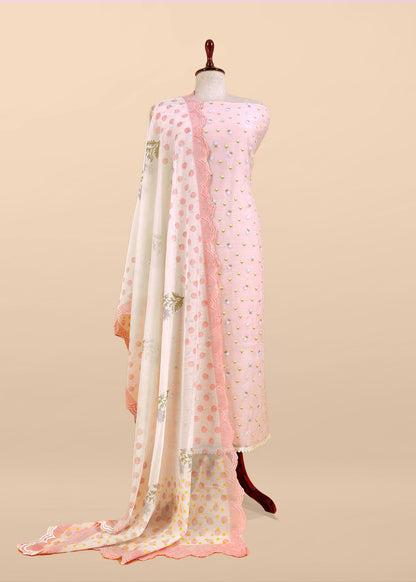 Baby Pink Embroidered Unstitched Mulmul Suit With Scalloped Border.