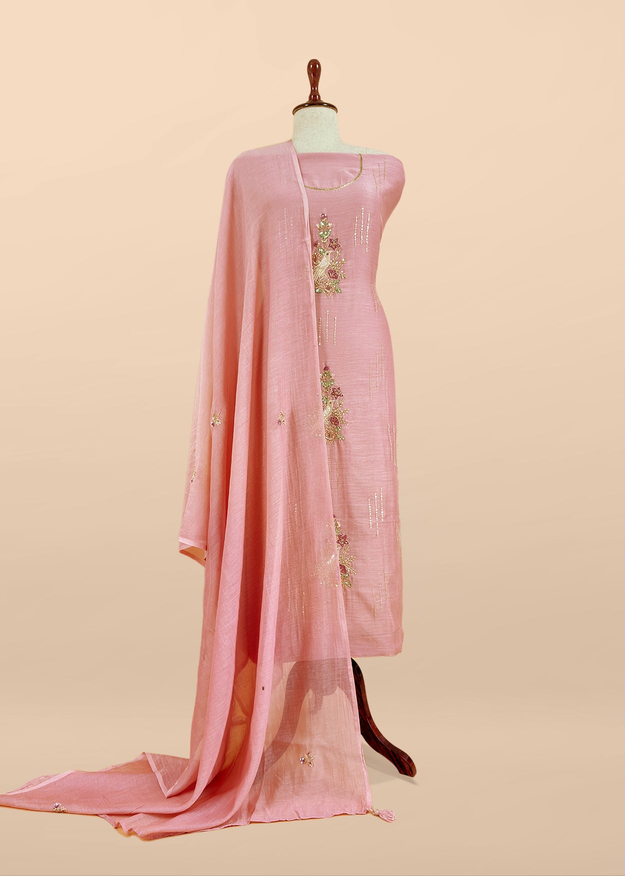 Peach Handloom Mulmul Unstitched Suit With Birds Hand Work