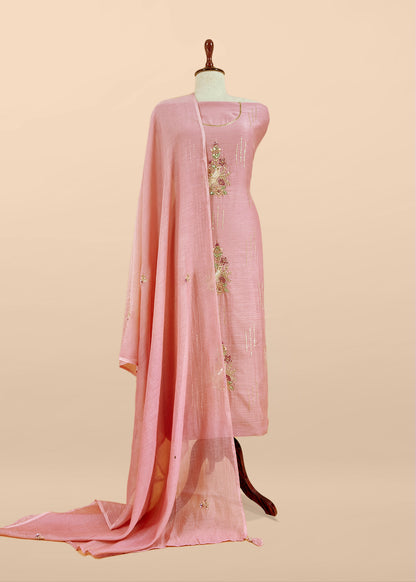 Peach Handloom Mulmul Unstitched Suit With Birds Hand Work