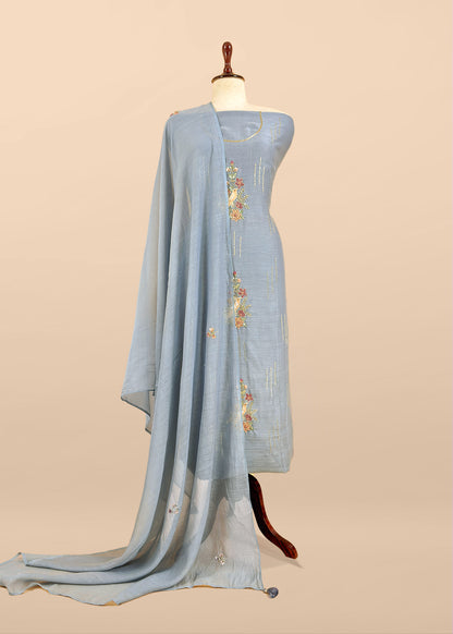 Ice Blue Handloom Mulmul Unstitched Suit With Birds Hand Work