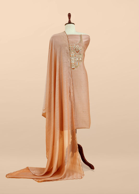 Soft Brown Handloom Mulmul Unstitched Suit Fabric With Handwork