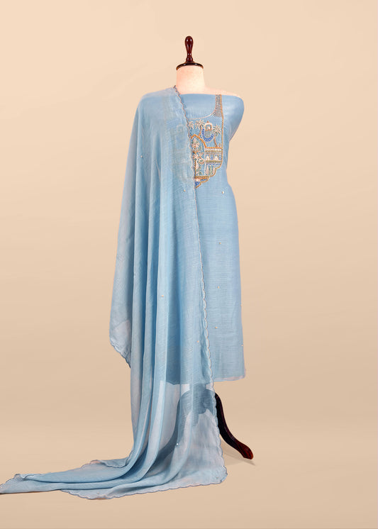 Ice Blue Handloom Mulmul Unstitched Suit Fabric With Handwork