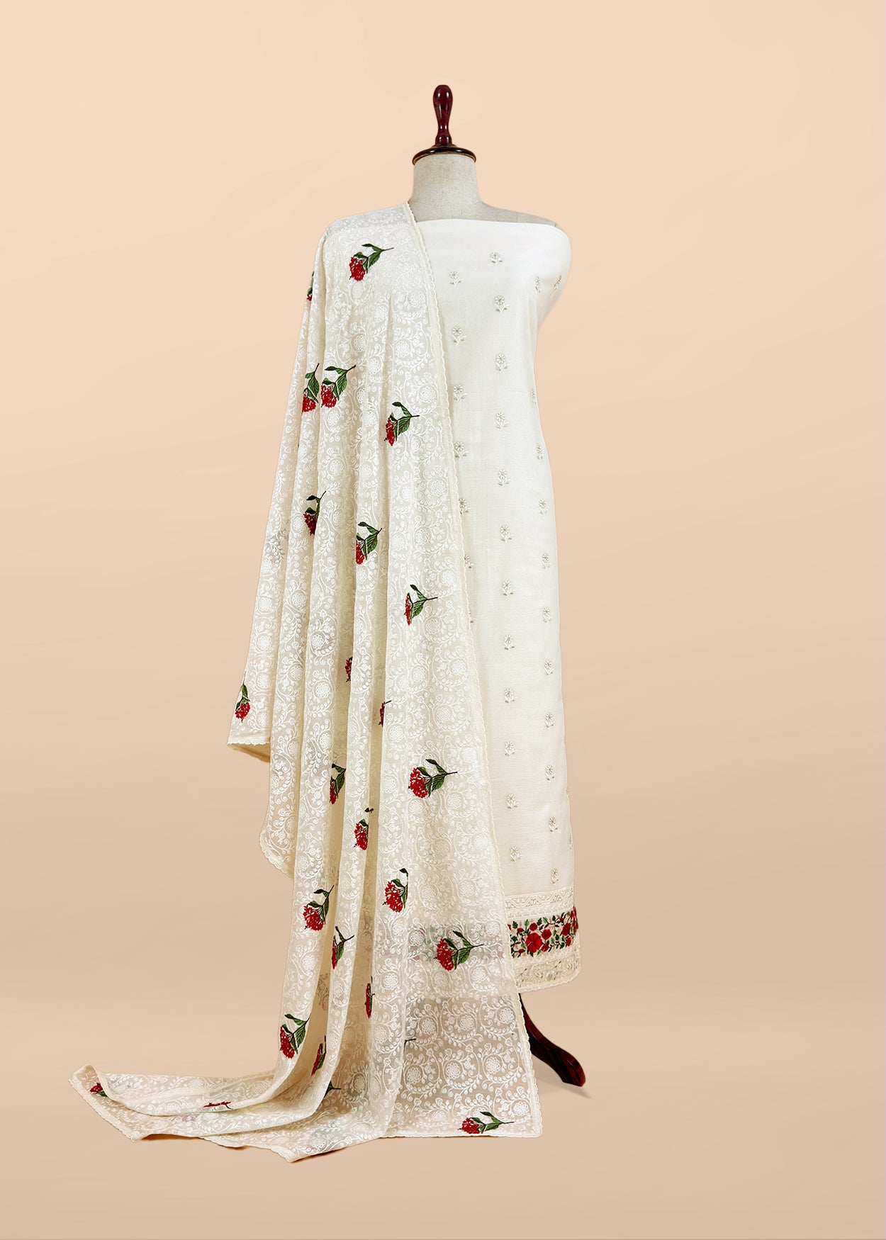 Luxe Dove White Handloom Mulmul Unstitched Suit With Parsi Thread Embroidery