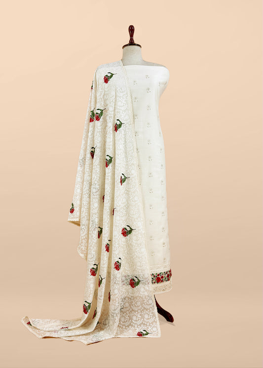 Luxe Dove White Handloom Mulmul Unstitched Suit With Parsi Thread Embroidery