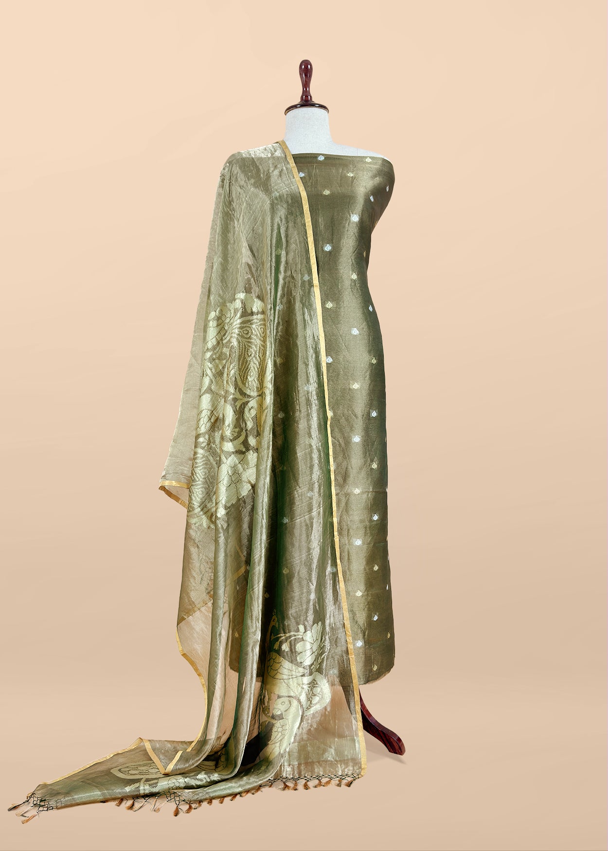 Olive Green Handloom Tissue Silk Suit With Kadwa Weaves