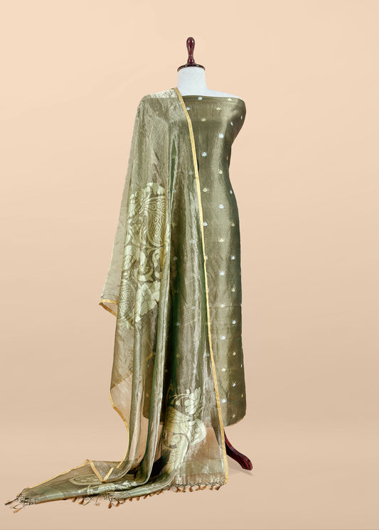 Olive Green Handloom Tissue Silk Suit With Kadwa Weaves
