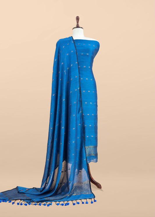 Royal Blue Handloom Linen Suit fabric With Jamdani Weaving