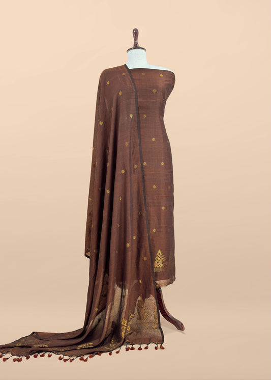 Walnut Brown Handloom Linen Suit Fabric With Jamdani Weaving