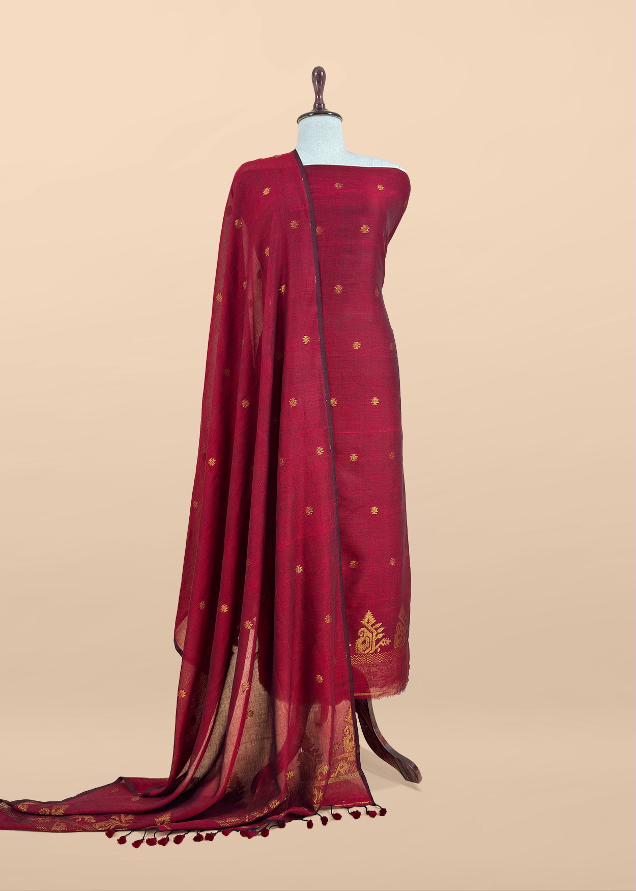 Blood Red Handloom Linen Suit Fabric With Jamdani Weaving