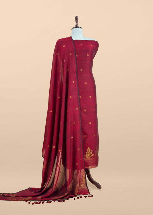 Blood Red Handloom Linen Suit Fabric With Jamdani Weaving