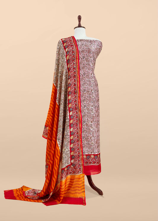 Red Paisley Block Print Pure Maheshwari Silk Unstitched Suit