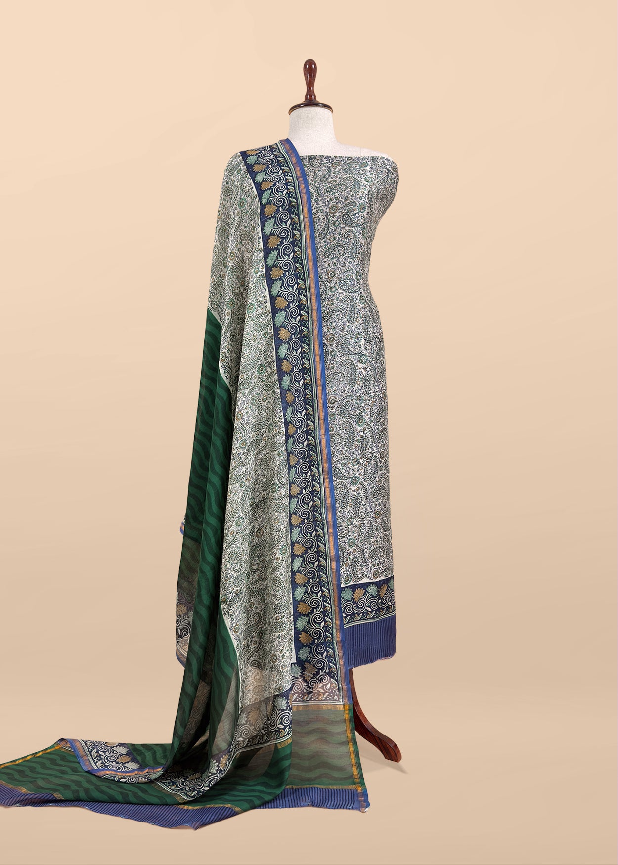 Blue Paisley Block Print Pure Maheshwari Silk Unstitched Suit