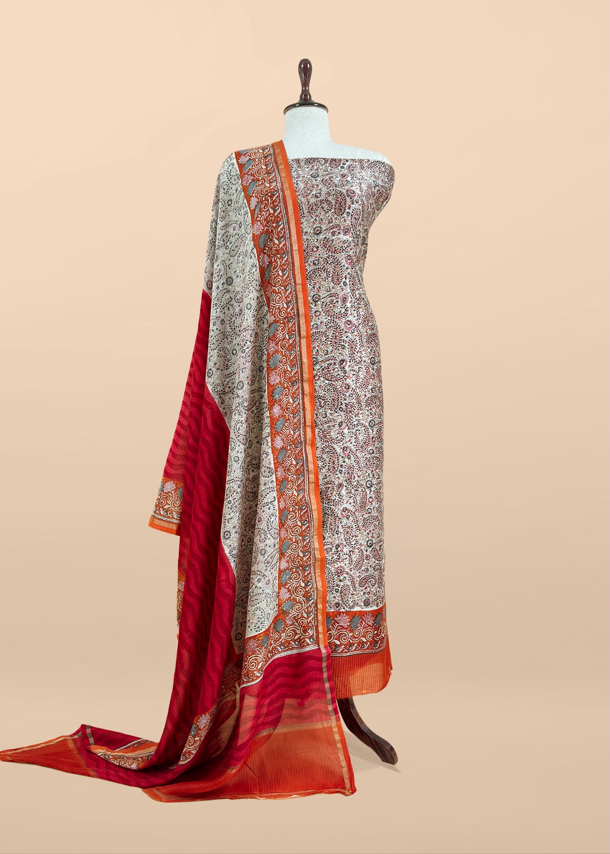 Orange Paisley Block Print Pure Maheshwari Silk Unstitched Suit