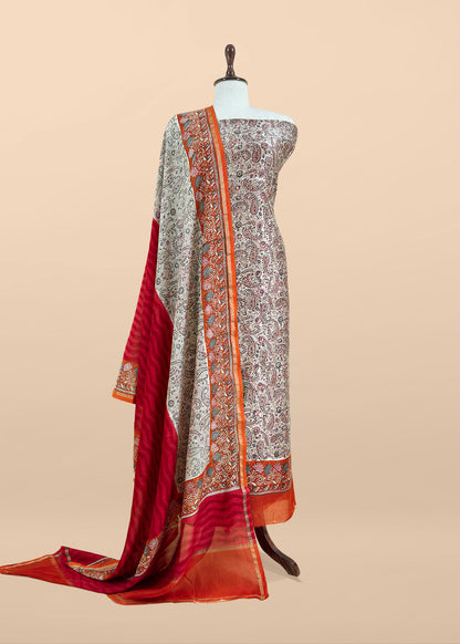 Orange Paisley Block Print Pure Maheshwari Silk Unstitched Suit