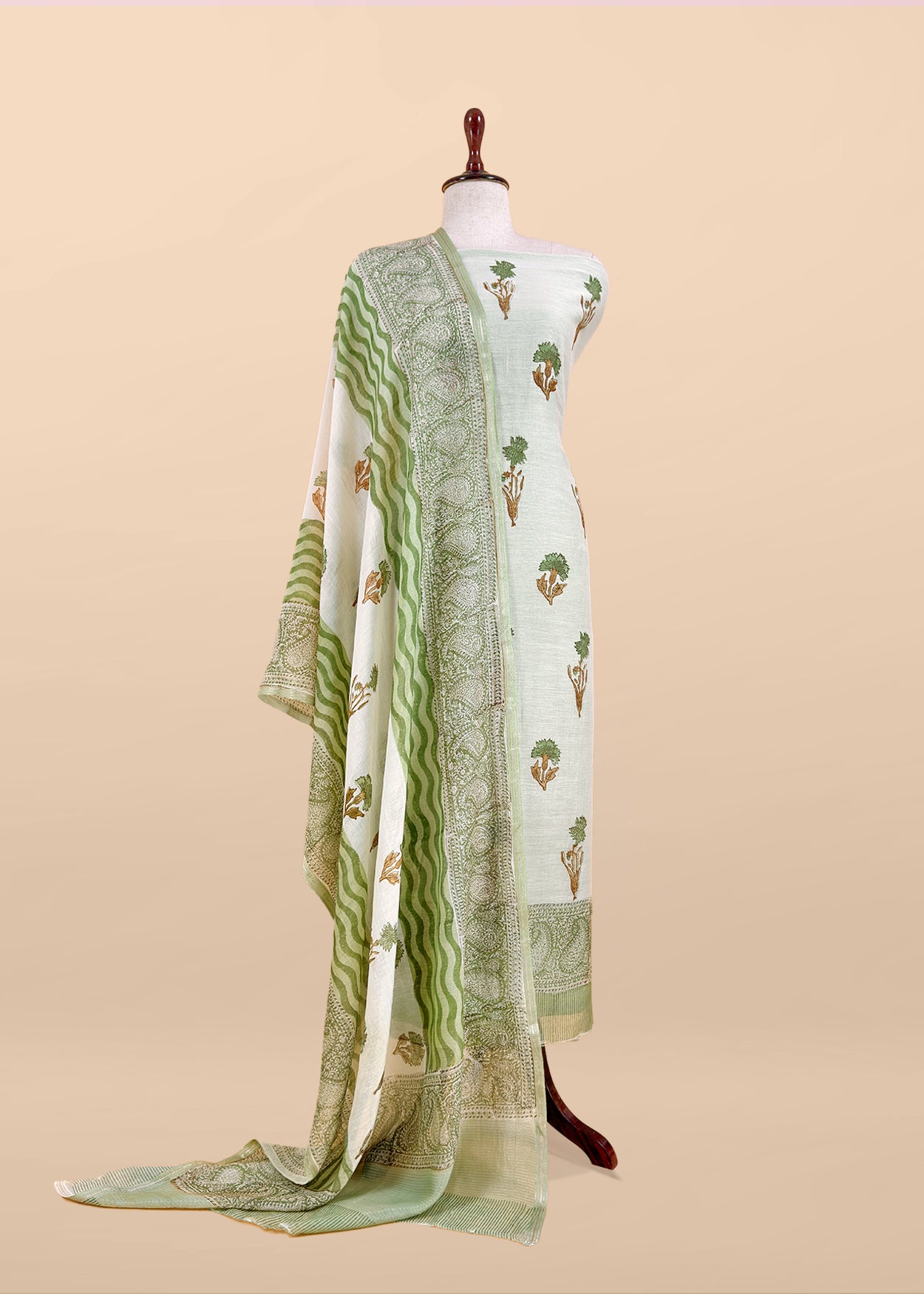 Green Pure Mulmul Unstitched Suit Fabric With Floral Print