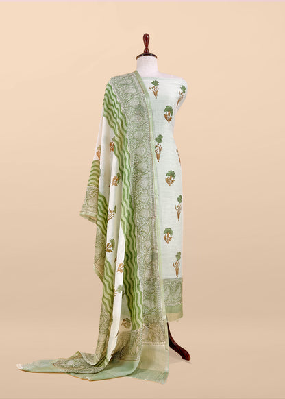 Green Pure Mulmul Unstitched Suit Fabric With Floral Print
