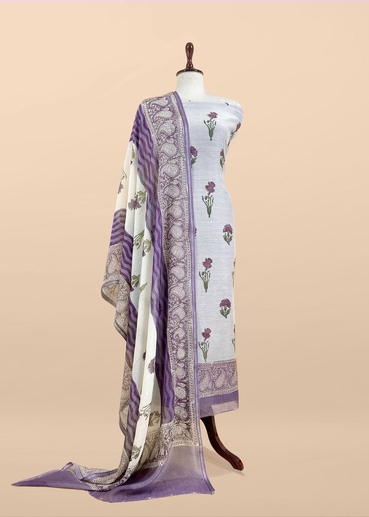 Purple Pure Mulmul Unstitched Suit Fabric With Floral Print