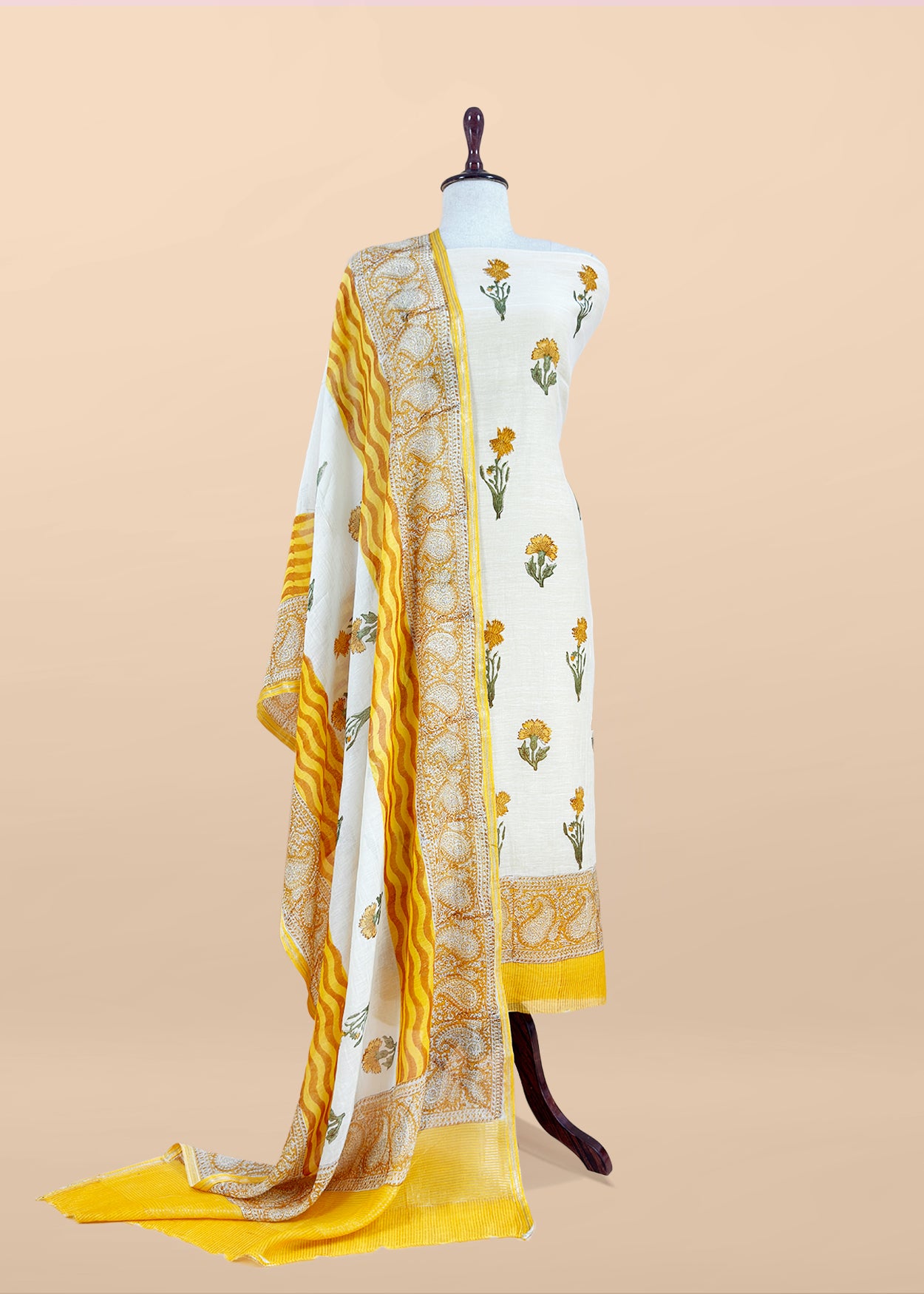 Yellow Pure Mulmul Unstitched Suit Fabric With Floral Print