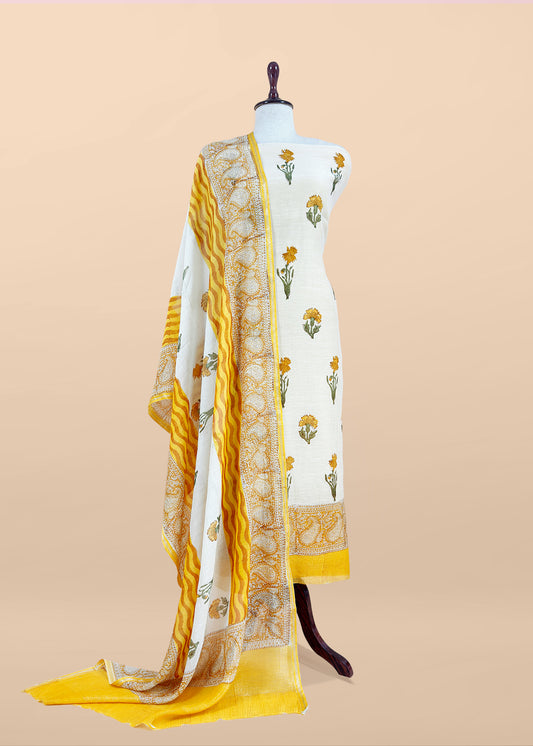 Yellow Pure Mulmul Unstitched Suit Fabric With Floral Print