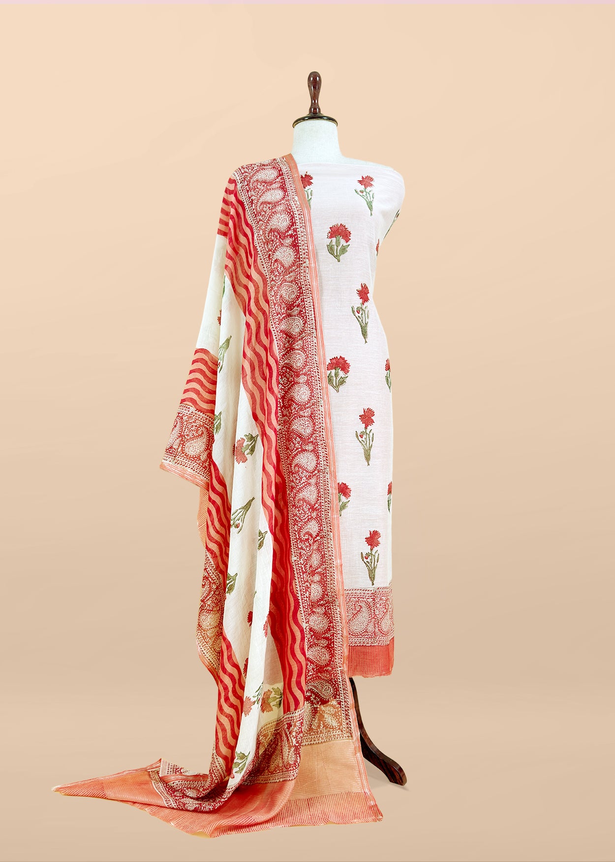 Red Pure Mulmul Unstitched Suit Fabric With Floral Print