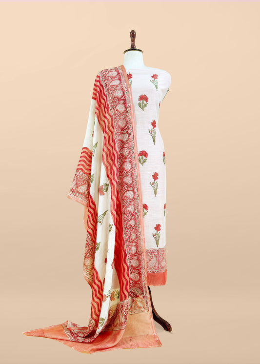 Red Pure Mulmul Unstitched Suit Fabric With Floral Print