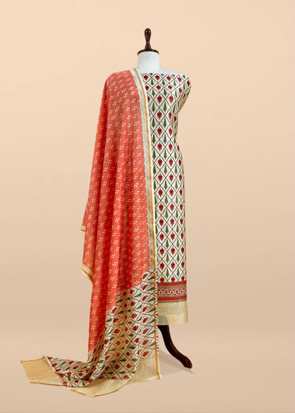 Off White Hand-Block Print Pure Maheshwari Silk Suit With Bandhani Dupatta