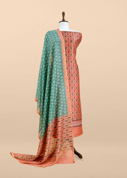 Peach Orange Hand-Block Print Pure Maheshwari Silk Suit With Bandhani Dupatta
