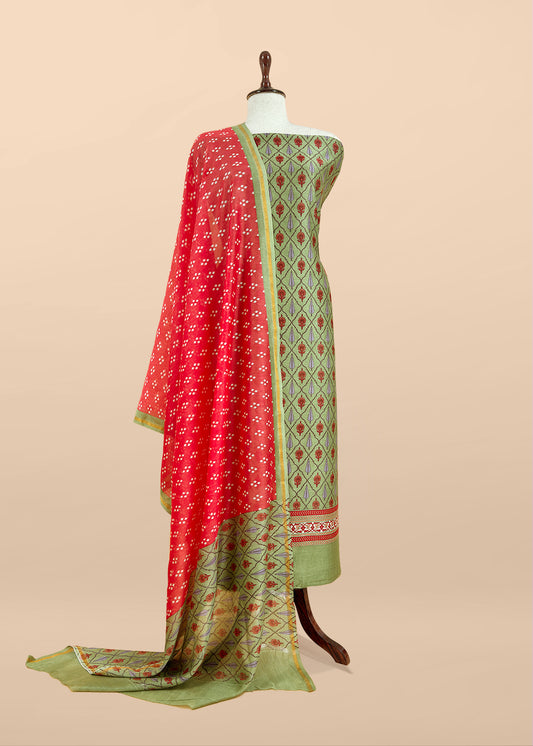 Jade Green Hand-Block Print Pure Maheshwari Silk Suit With Bandhani Dupatta