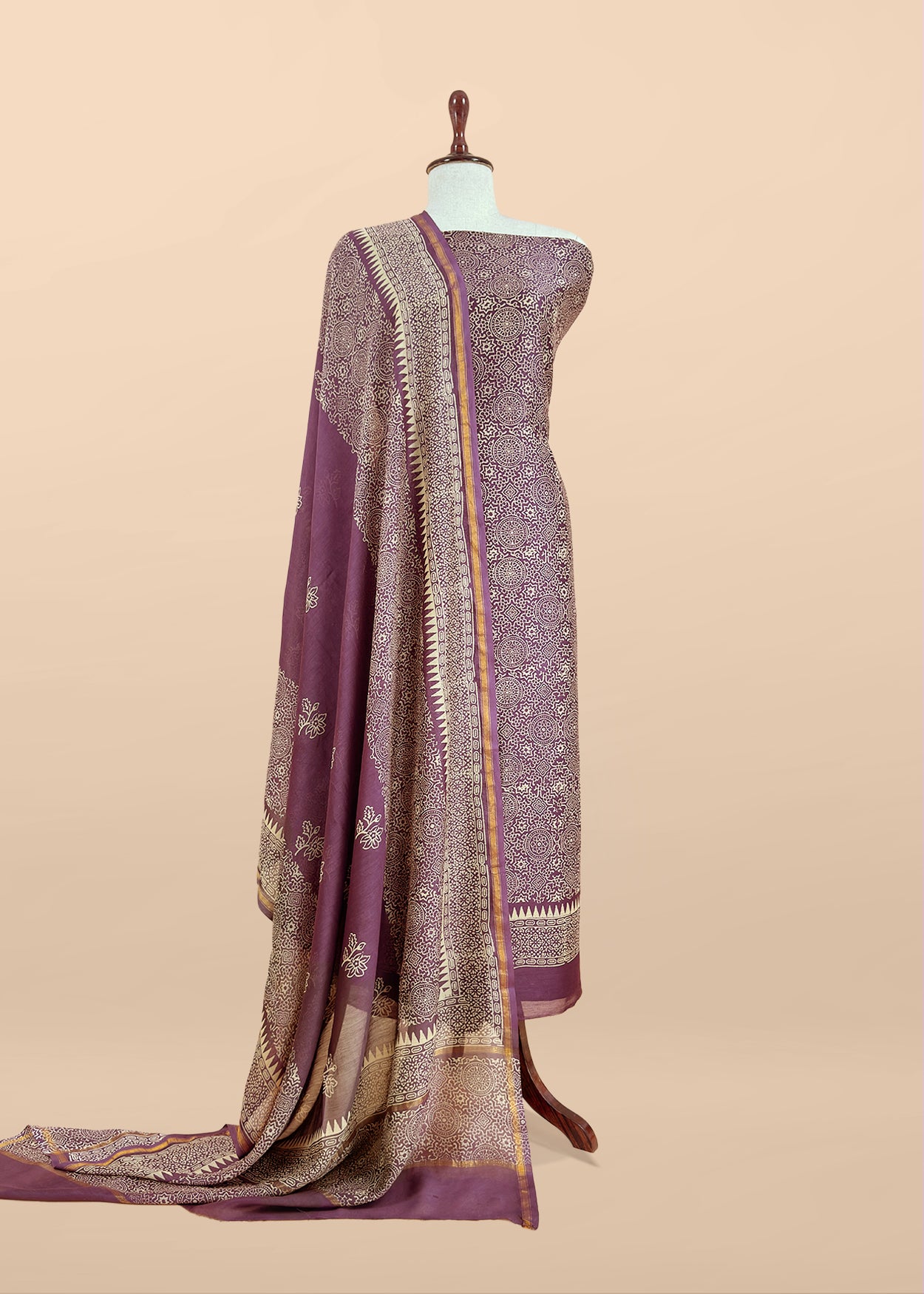 Purple Pure Maheshwari Silk Unstitched Suit Fabric With Jaipuri Ajrakh Print