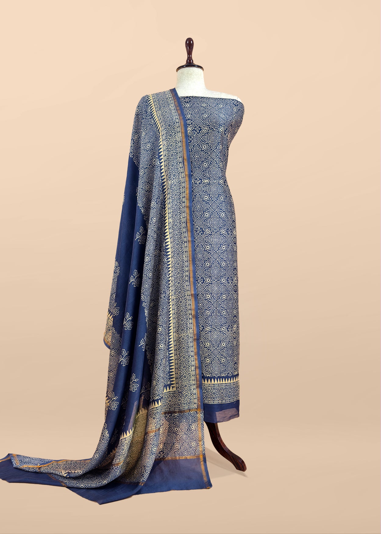 Blue Pure Maheshwari Silk Unstitched Suit Fabric With Jaipuri Ajrakh Print
