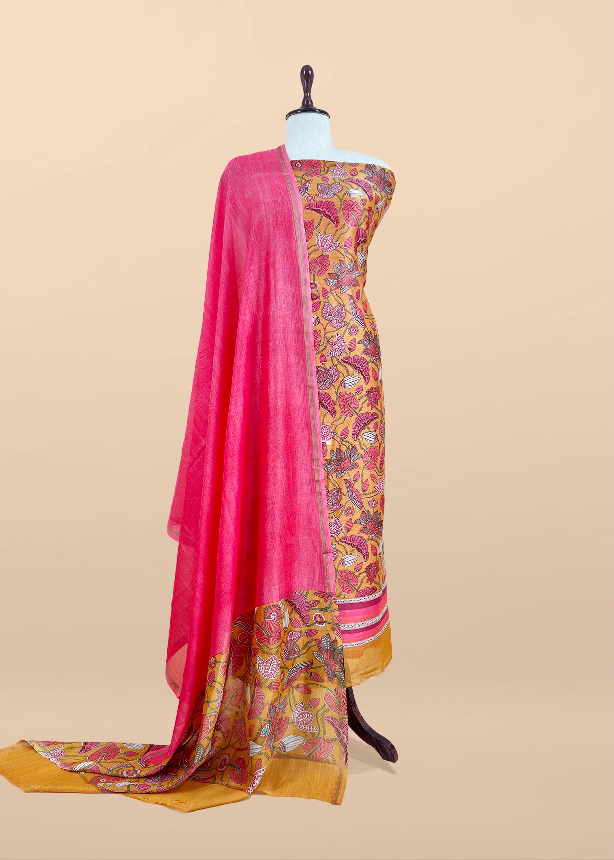 Yellow With Red Pure Maheshwari Silk Unstitched Suit With Dupatta