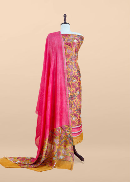 Yellow With Red Pure Maheshwari Silk Unstitched Suit With Dupatta