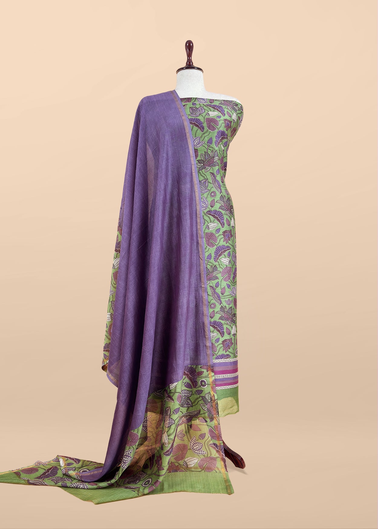 Green With Purple Pure Maheshwari Silk Unstitched Suit With Dupatta
