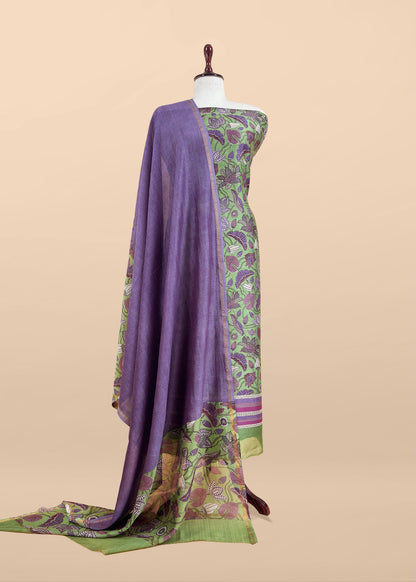 Green With Purple Pure Maheshwari Silk Unstitched Suit With Dupatta