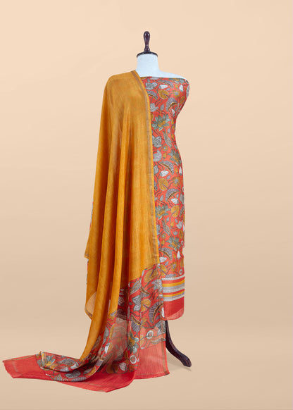 Orange With Yellow Pure Maheshwari Silk Unstitched Suit With Dupatta