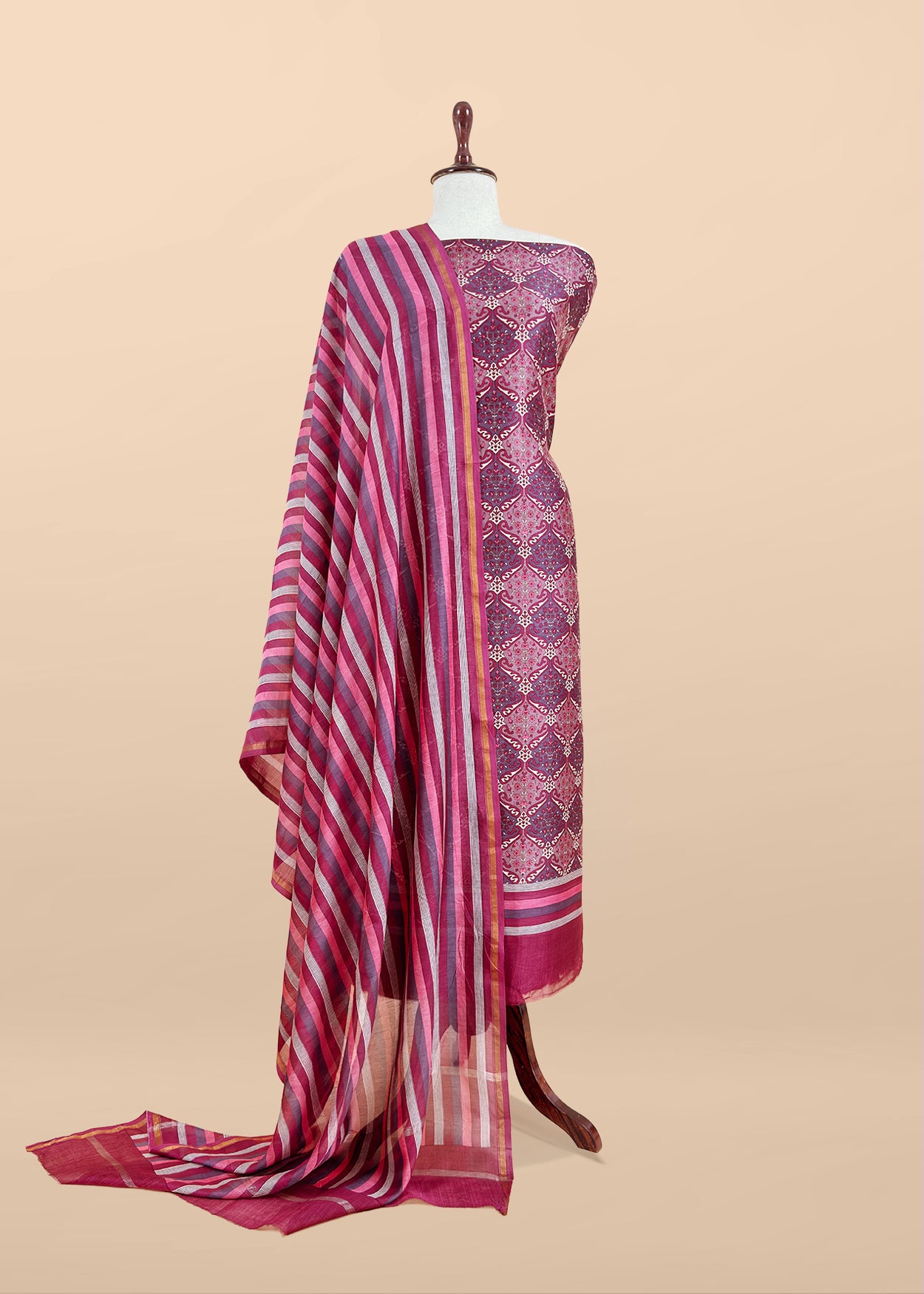 Purple Pure Maheshwari Silk Suit In Hand-Block Print With Dupatta